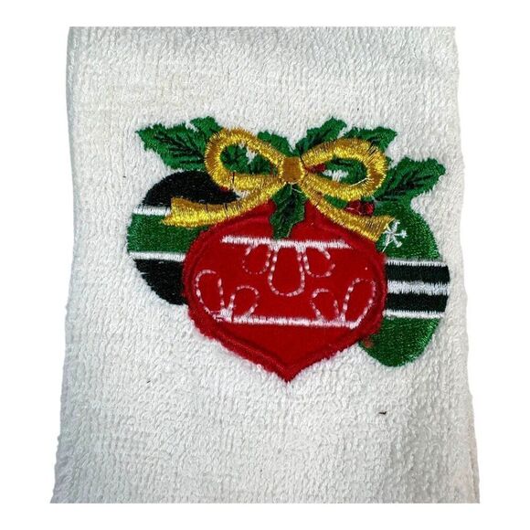 Holiday Kitchen Towel w/ Festive Ornament Embroidered Vintage 100% Cotton White - Picture 3 of 6